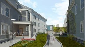 Medway apartment for rent - Quiet green space with landscaping, walkway, and tot-lot playground between the two buildings.