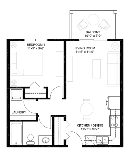 Floor plan for 1 bed, 1 bath, 552 sqft