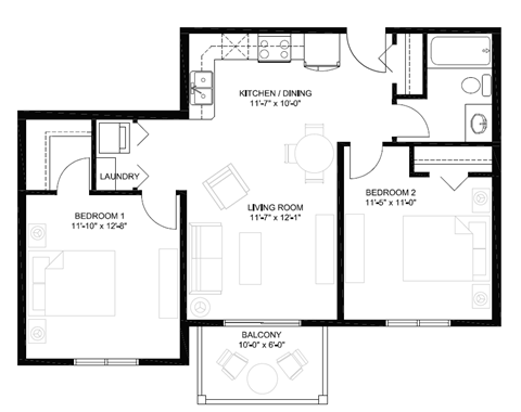 Floor plan for 2 beds, 1 bath, 793 sqft