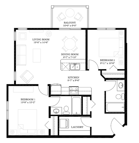 Floor plan for 2 beds, 2 baths, 888 sqft