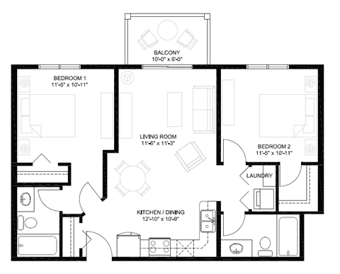 Floor plan for 2 beds, 2 baths, 815 sqft