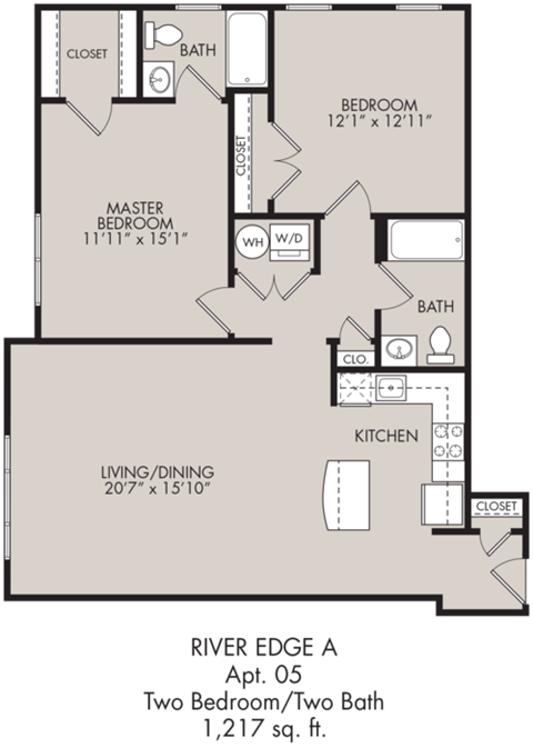 Floor plan for 2 beds, 2 baths, 1217 sqft
