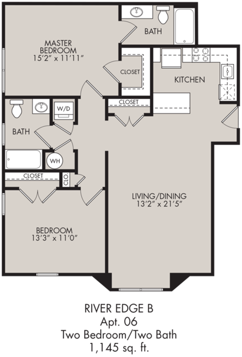 Floor plan for 2 beds, 2 baths, 1145 sqft