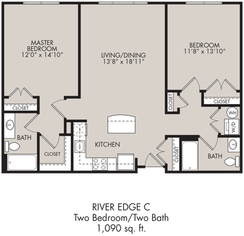 Floor plan for 2 beds, 2 baths, 1090 sqft