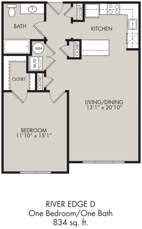 Floor plan for 1 bed, 1 bath, 834 sqft