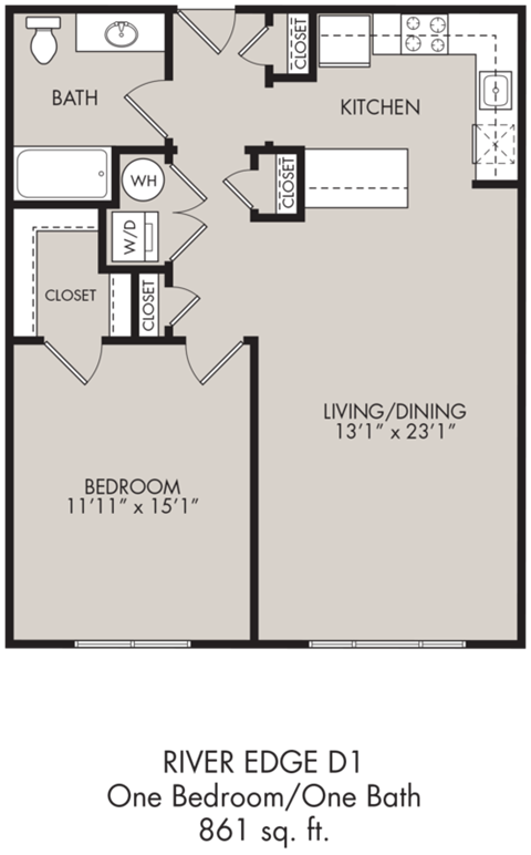 Floor plan for 1 bed, 1 bath, 861 sqft