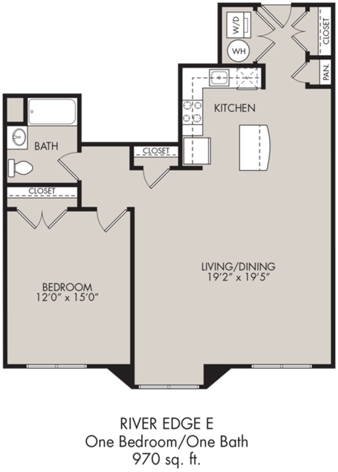 Floor plan for 1 bed, 1 bath, 970 sqft