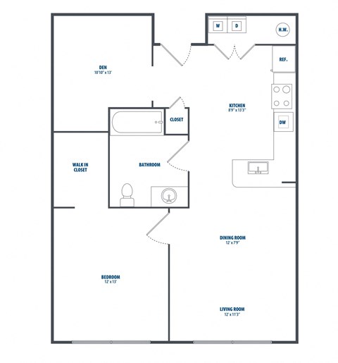 Floor plan for 1 bed, 1 bath, 770 sqft