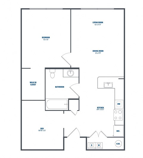 Floor plan for 1 bed, 1 bath, 783 sqft