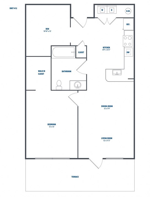 Floor plan for 1 bed, 1 bath, 815 sqft