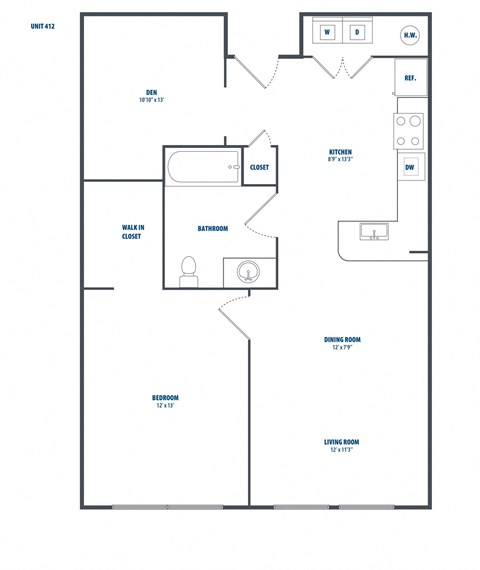 Floor plan for 1 bed, 1 bath, 815 sqft