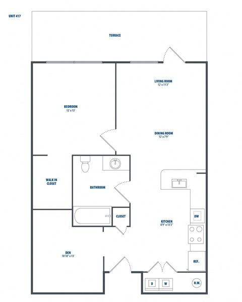 Floor plan for 1 bed, 1 bath, 759 sqft