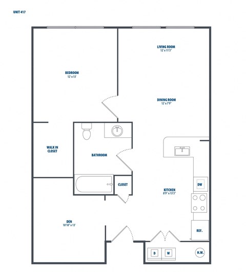Floor plan for 1 bed, 1 bath, 762 sqft