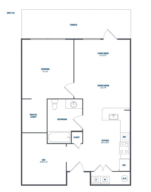 Floor plan for 1 bed, 1 bath, 771 sqft