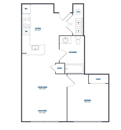 Floor plan for 1 bed, 1 bath, 643 sqft