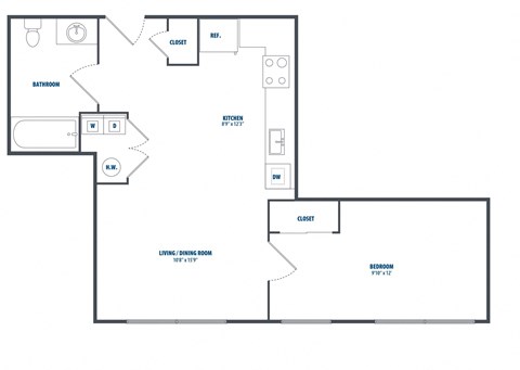Floor plan for 1 bed, 1 bath, 611 sqft