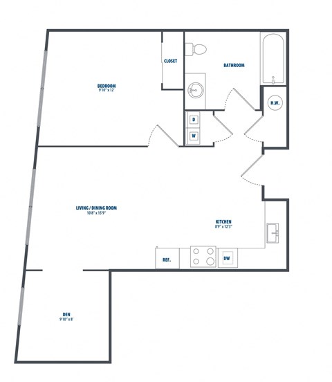 Floor plan for 1 bed, 1 bath, 771 sqft