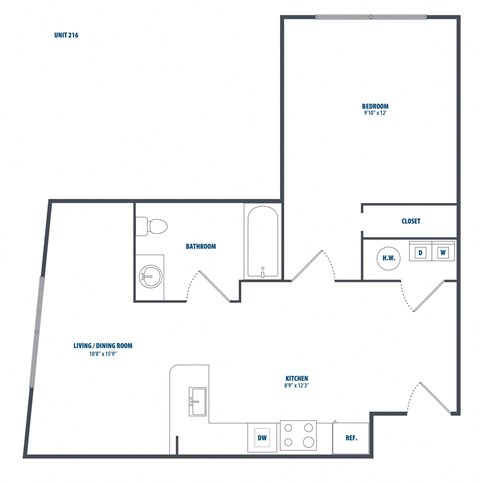 Floor plan for 1 bed, 1 bath, 686 sqft