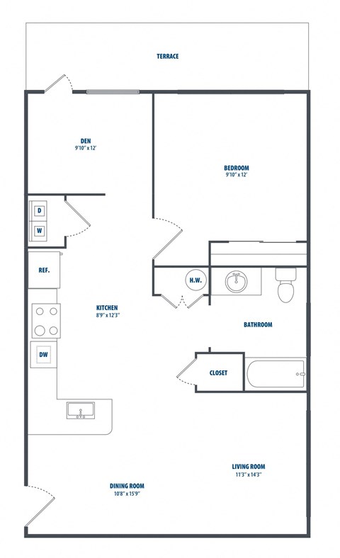 Floor plan for 1 bed, 1 bath, 777 sqft