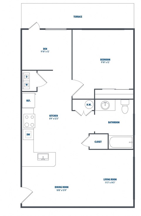 Floor plan for 1 bed, 1 bath, 778 sqft
