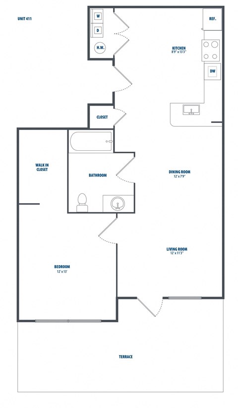 Floor plan for 1 bed, 1 bath, 739 sqft