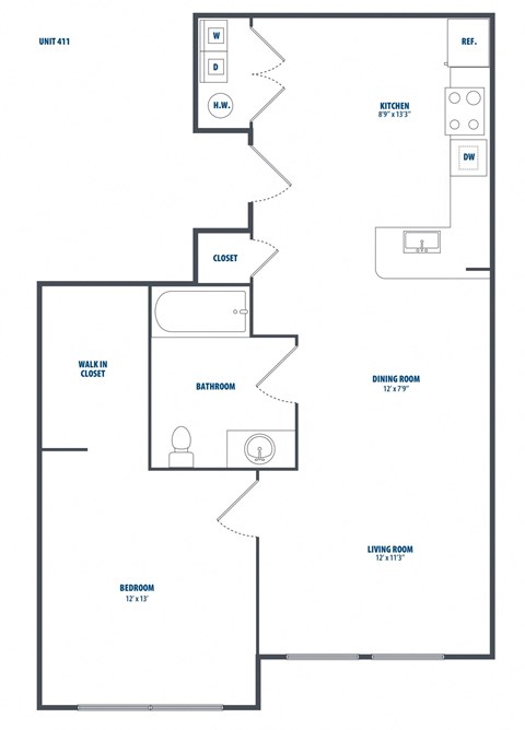 Floor plan for 1 bed, 1 bath, 739 sqft