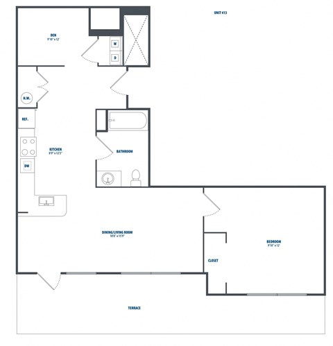 Floor plan for 1 bed, 1 bath, 851 sqft