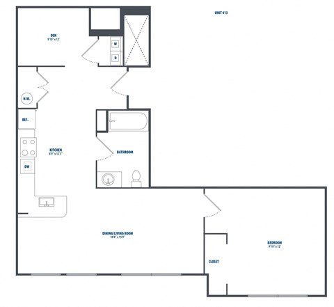 Floor plan for 1 bed, 1 bath, 851 sqft
