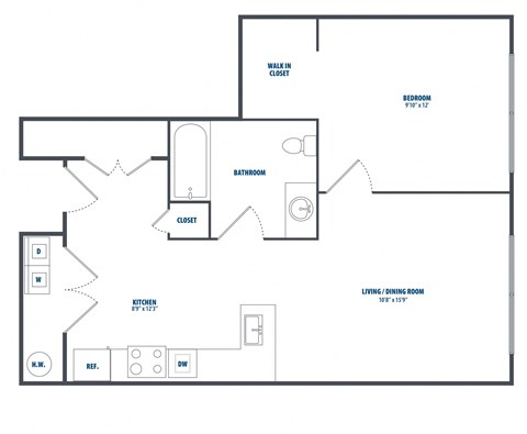 Floor plan for 1 bed, 1 bath, 692 sqft