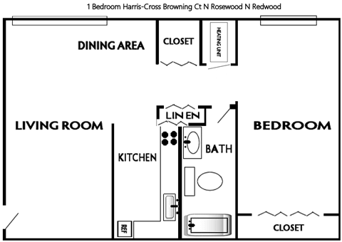 Floor plan for 1 bed, 1 bath, 690 sqft