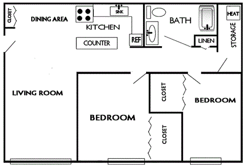 Floor plan for 2 beds, 1 bath, 780 sqft