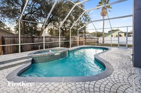 Valrico house for rent - a pool and spa in a backyard with a fence and palm tree