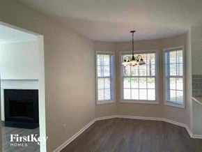 Snellville house for rent - an empty living room with a fireplace and three windows