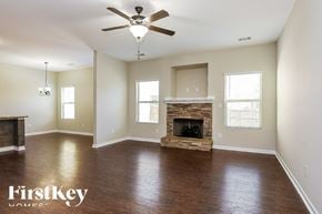 Ball Ground house for rent - A spacious room with a fireplace and a ceiling fan.