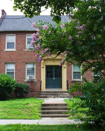 Washington apartment for rent - A house with a green lawn and a tree with purple flowers in front.