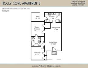 Moultrie apartment for rent - A floor plan for a 2 bedroom, 1 bath apartment at Holly Cove Apartments.