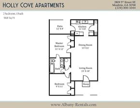 Moultrie apartment for rent - A floor plan for a two bedroom apartment with a bath, patio, kitchen, dining room, living room, master bedroom, and a bedroom with a lofted sleeping area.