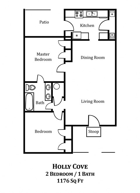 Floor plan for 2 beds, 1 bath, 968 sqft