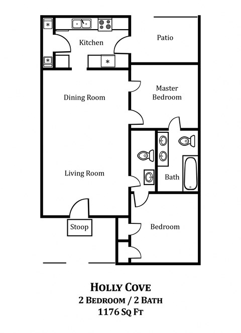 Floor plan for 2 beds, 2 baths, 968 sqft