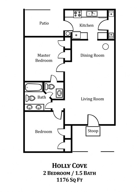 Floor plan for 2 beds, 1.5 baths, 968 sqft