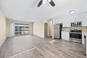Oak Lawn apartment for rent - A spacious kitchen with stainless steel appliances and a ceiling fan.