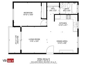 Oak Lawn apartment for rent - A floor plan of a home with a bedroom, living room, kitchen, dining area, and bathroom.