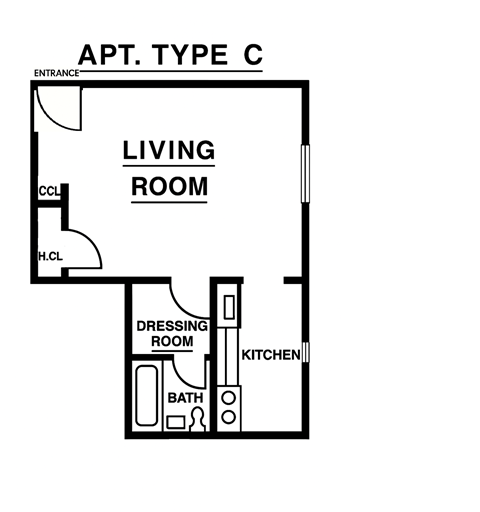 Floor plan for studio, 1 bath