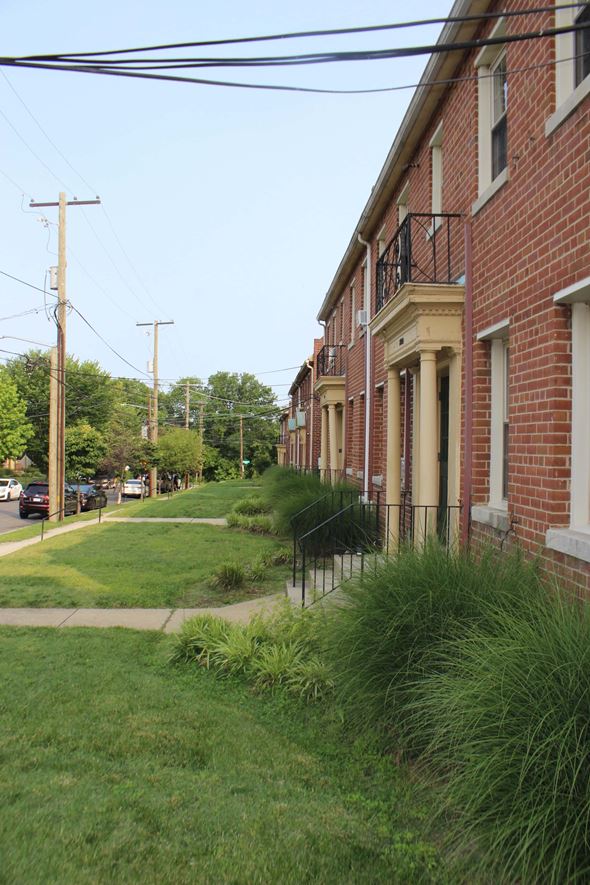 Washington apartment for rent - A row of red brick houses with green grass in front.