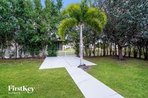 Cape Coral house for rent - a white walkway with a palm tree in the middle of a yard