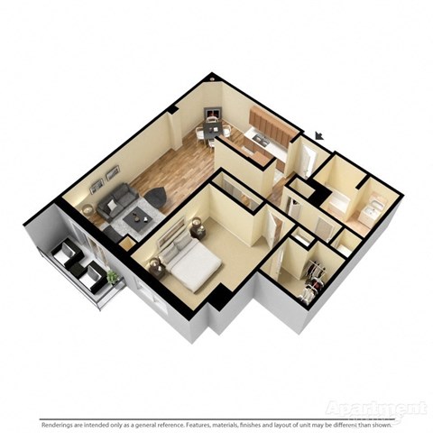 Floor plan for 1 bed, 1 bath, 915 sqft