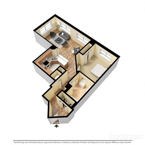 Floor plan for 1 bed, 1 bath, 840 sqft