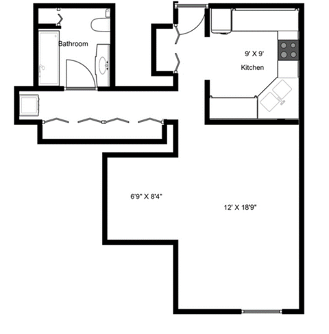 Floor plan for studio, 1 bath, 610 sqft