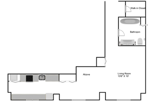 Floor plan for studio, 1 bath, 655 sqft