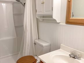 Show Low house for rent - A white bathroom with a toilet, sink, and shower.